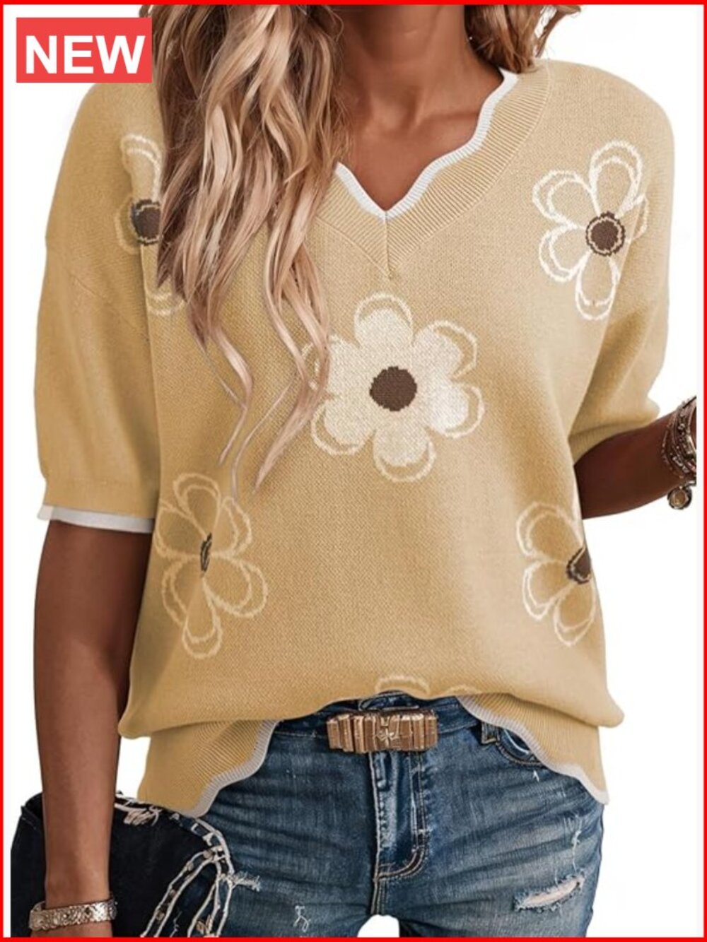 V-Neck Short Sleeve Knit Pullover Sweater